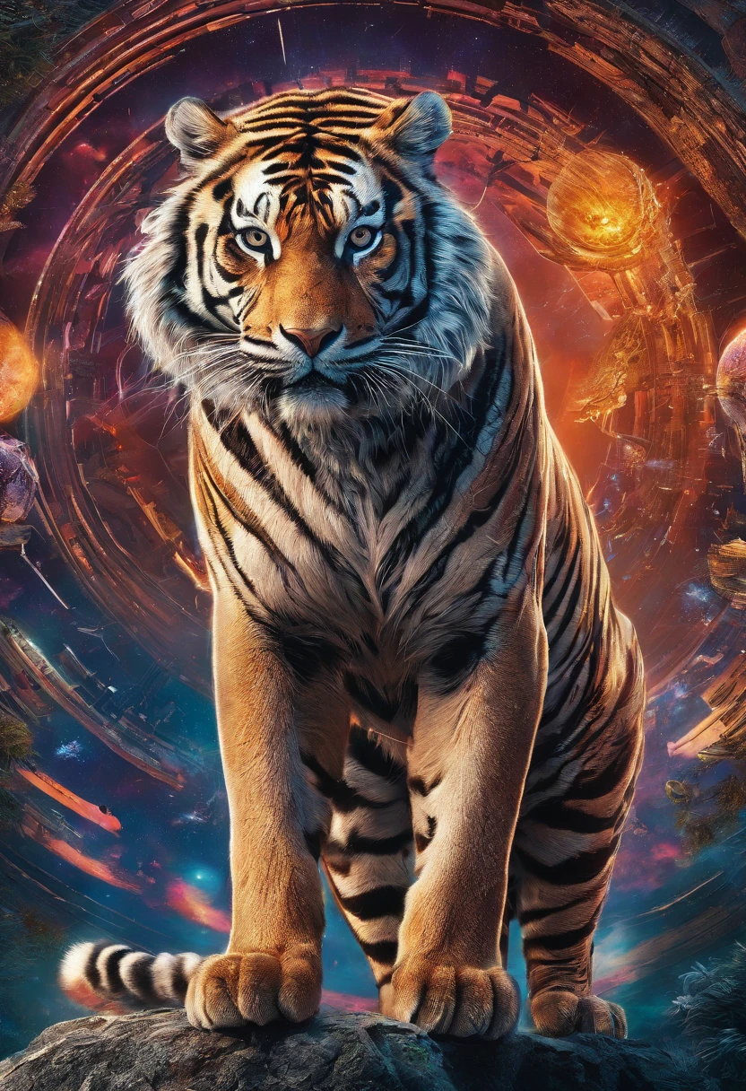 (best quality,4k,highres,masterpiece:1.2),ultra-detailed,(realistic,photorealistic,photo-realistic:1.37),HDR,UHD,studio lighting,ultra-fine painting,sharp focus,physically-based rendering,extreme detail description,professional,vivid colors,bokeh,cinematic,embroidered,evil tiger,fictional animal,equirectangular 360,king of the Planet earth,art by Michael Hutter,35mm photography,film,professional,highly detailed