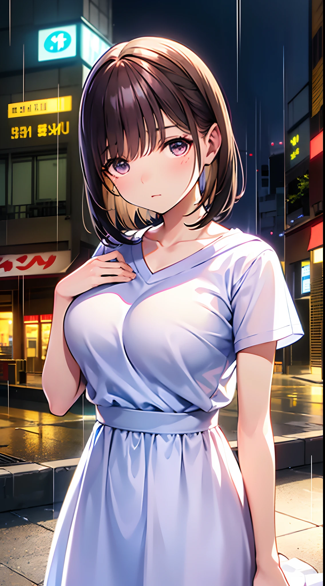 ((masterpiece)), ((best quality)), (ultra-detailed), ((kawaii)), cute, (lovely), ((sexy)), (ero), ((extremely detailed)), 4K, (8K), best quality, (beautiful), anime style, upper body, focus on the face, full body focus, laboratory, city, town, evening, a cute girl, 1girl, solo, one-piece dress, beautiful dark brown hair, beautiful brown eyes, ((beautiful eyes with highlights )), white-skinned, middle hair, transparent hair, translucent hair, large breast, troubled expression, neon light, wind effect, rainy, rain, shiny-glistening, gleaming, wetted by water, reflection effect