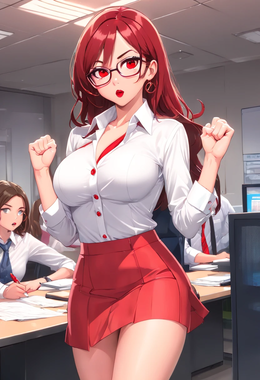 (1girl, ultra realistic, beautiful face, detailed face, raw, best quality, ultra high res, masterpiece, photo realistic:1.4), CG, red bras, purple sexy panties, lace trim, sexy pose, crew socks, (stride), (faded long wavy scarlet hair:1.3), (round breast, small perfect breasts:1.2), looking at viewer, Looking from above, tilting the head upwards, wide-angle, (gold necklace, earrings, bracelet, armlet:1.2), japanese background, (red eyes, glowing eyes:1.2), detailed photograph, Side lighting, dslr, telephoto lens, cinematic lighting, Phase One XF IQ4 150MP, Zoom lens, Neon Light, Canon eos 5d mark 4, 35mm, Disgusting, Lens Flare, Canon RF, L USM, Direct light, Kodak portra 400, F/2. 8, broad lighting, Fujifilm XT3, F/14, dynamic pose, dynamic angles, ( thigh-high stockings, seductive face, wearing glasses, tongue sticking out, eyes wide, plunging neckline, cleavage:1.2), (red pencil skirt, white women's buttoned shirt, open buttoned shirt, arms raised, catwalk, showing one's undergarments, hip sway, skirt up, full body shot, office lady:1.6), perfect slim body, (Showing bras beneath a women's buttoned shirt, perfectly beautiful legs, two hands behind the head:1.8)