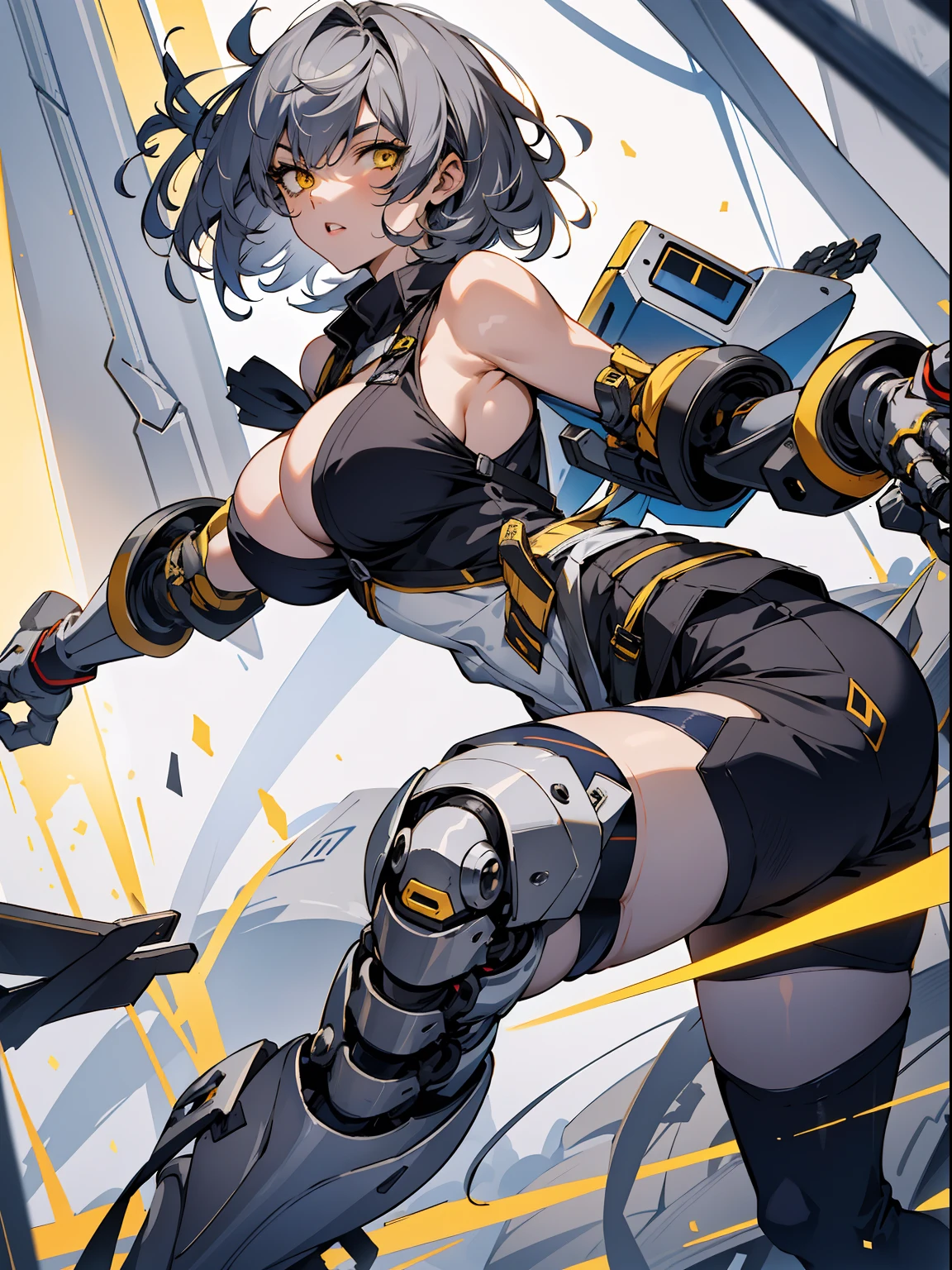 Short, shaggy grey hair, big breasts, 173 cm tall, prosthetic mechanical arms and legs, yellow eyes, Dynamicangle, Fighting