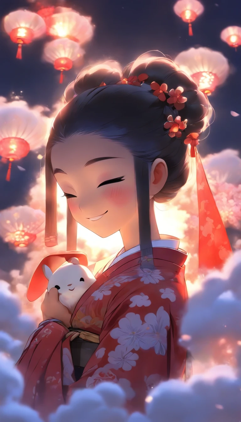 1girll, Moon, hair adornments, full moon, Cloud, sky,Night, Chinese clothes, Solo, Smile, Wide sleeves, Night sky, Long sleeves, flower, hug, hair flower, petals, child, Blush, parted lip, Black hair, Rabbit, Cloudy sky, forehead mark, Black eyes, face markings, updo, Artist name, Animal hugs, Hanfu, hair-bun, Girl child, Holding, Outdoors, Short hair, sleeves past wrists