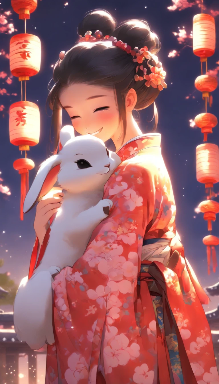 1girll, Moon, hair adornments, full moon, Cloud, sky,Night, Chinese clothes, Solo, Smile, Wide sleeves, Night sky, Long sleeves, flower, hug, hair flower, petals, child, Blush, parted lip, Black hair, Rabbit, Cloudy sky, forehead mark, Black eyes, face markings, updo, Artist name, Animal hugs, Hanfu, hair-bun, Girl child, Holding, Outdoors, Short hair, sleeves past wrists