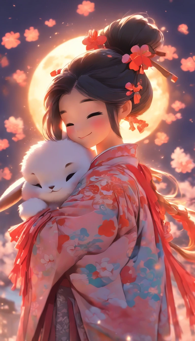 1girll, Moon, hair adornments, full moon, Cloud, sky,Night, Chinese clothes, Solo, Smile, Wide sleeves, Night sky, Long sleeves, flower, hug, hair flower, petals, child, Blush, parted lip, Black hair, Rabbit, Cloudy sky, forehead mark, Black eyes, face markings, updo, Artist name, Animal hugs, Hanfu, hair-bun, Girl child, Holding, Outdoors, Short hair, sleeves past wrists
