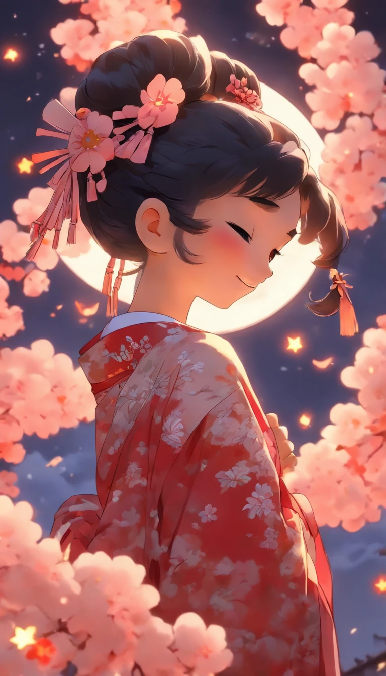 1girll, Moon, hair adornments, full moon, Cloud, sky,Night, Chinese clothes, Solo, Smile, Wide sleeves, Night sky, Long sleeves, flower, hug, hair flower, petals, child, Blush, parted lip, Black hair, Rabbit, Cloudy sky, forehead mark, Black eyes, face markings, updo, Artist name, Animal hugs, Hanfu, hair-bun, Girl child, Holding, Outdoors, Short hair, sleeves past wrists