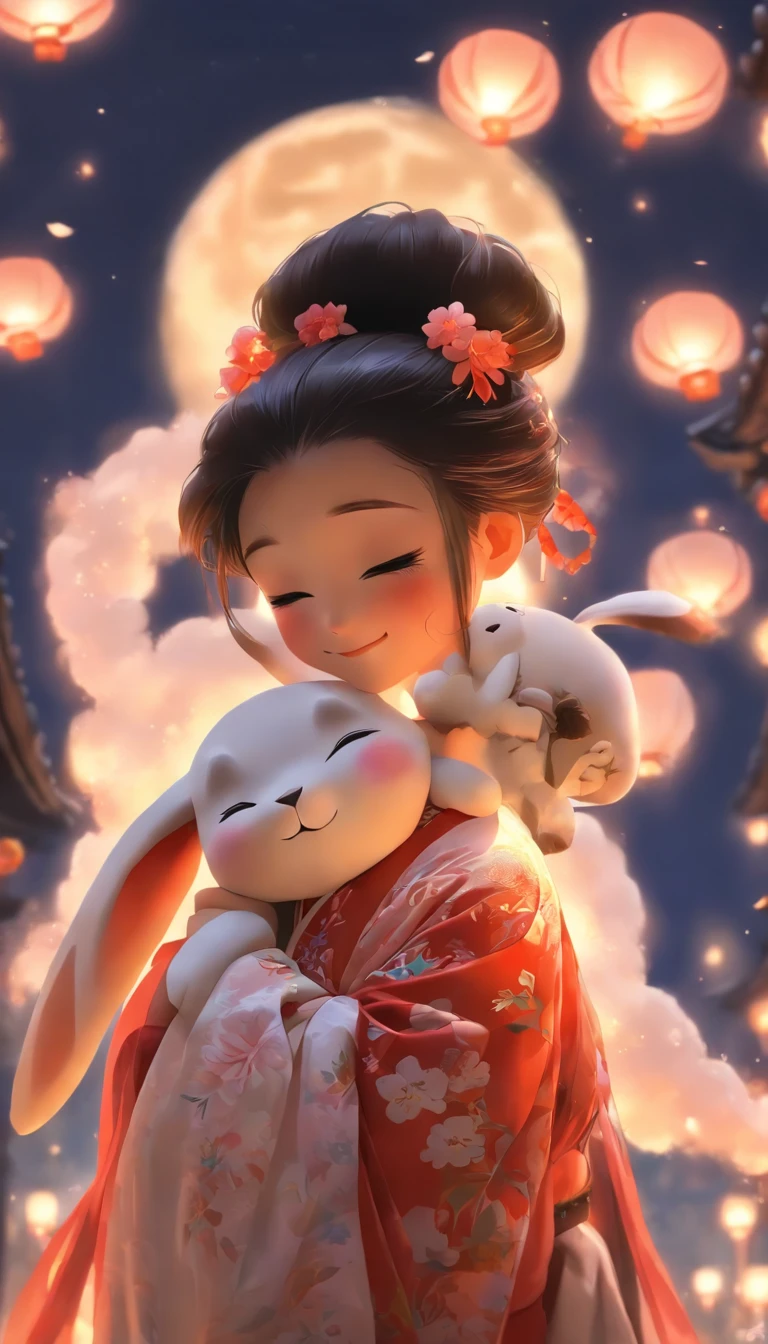 1girll, Moon, hair adornments, full moon, Cloud, sky,Night, Chinese clothes, Solo, Smile, Wide sleeves, Night sky, Long sleeves, flower, hug, hair flower, petals, child, Blush, parted lip, Black hair, Rabbit, Cloudy sky, forehead mark, Black eyes, face markings, updo, Artist name, Animal hugs, Hanfu, hair-bun, Girl child, Holding, Outdoors, Short hair, sleeves past wrists