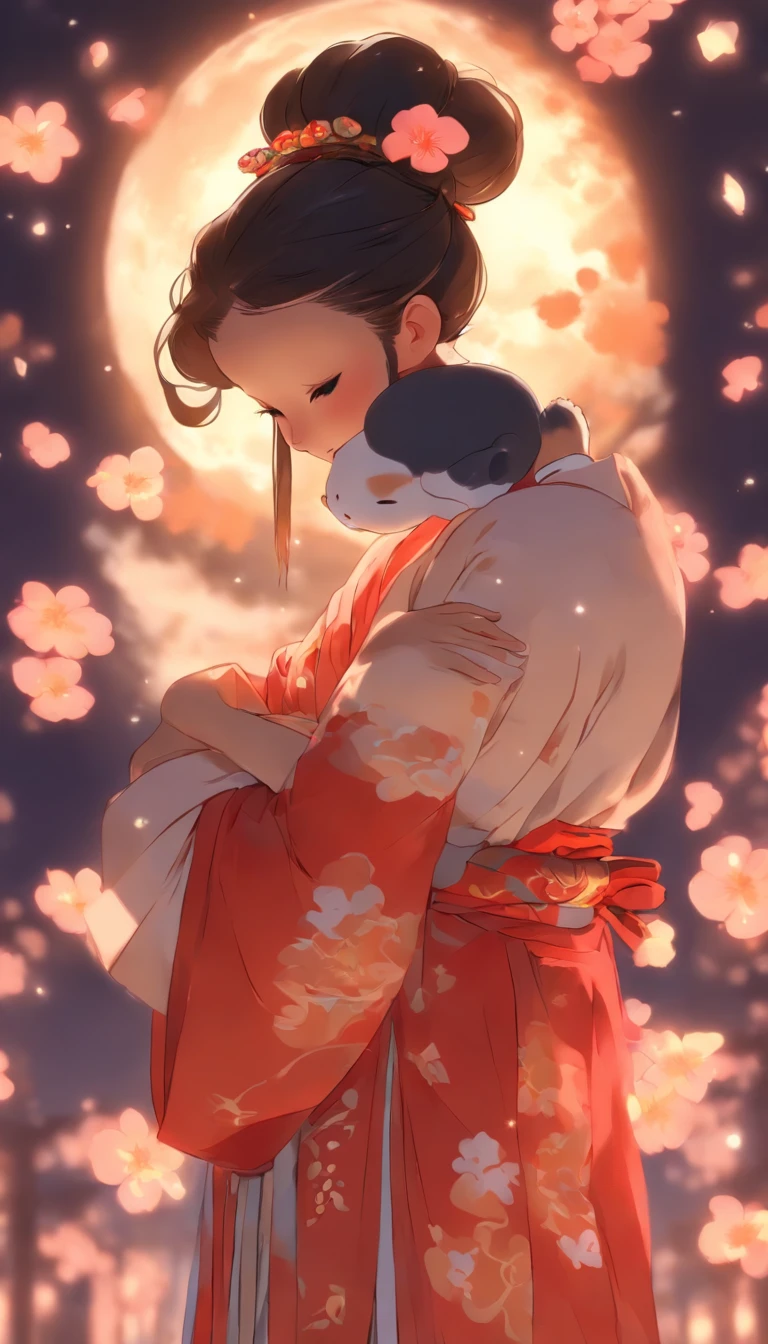 1girll, Moon, hair adornments, full moon, Cloud, sky,Night, Chinese clothes, Solo, Smile, Wide sleeves, Night sky, Long sleeves, flower, hug, hair flower, petals, child, Blush, parted lip, Black hair, Rabbit, Cloudy sky, forehead mark, Black eyes, face markings, updo, Artist name, Animal hugs, Hanfu, hair-bun, , Holding, Outdoors, Short hair, sleeves past wrists