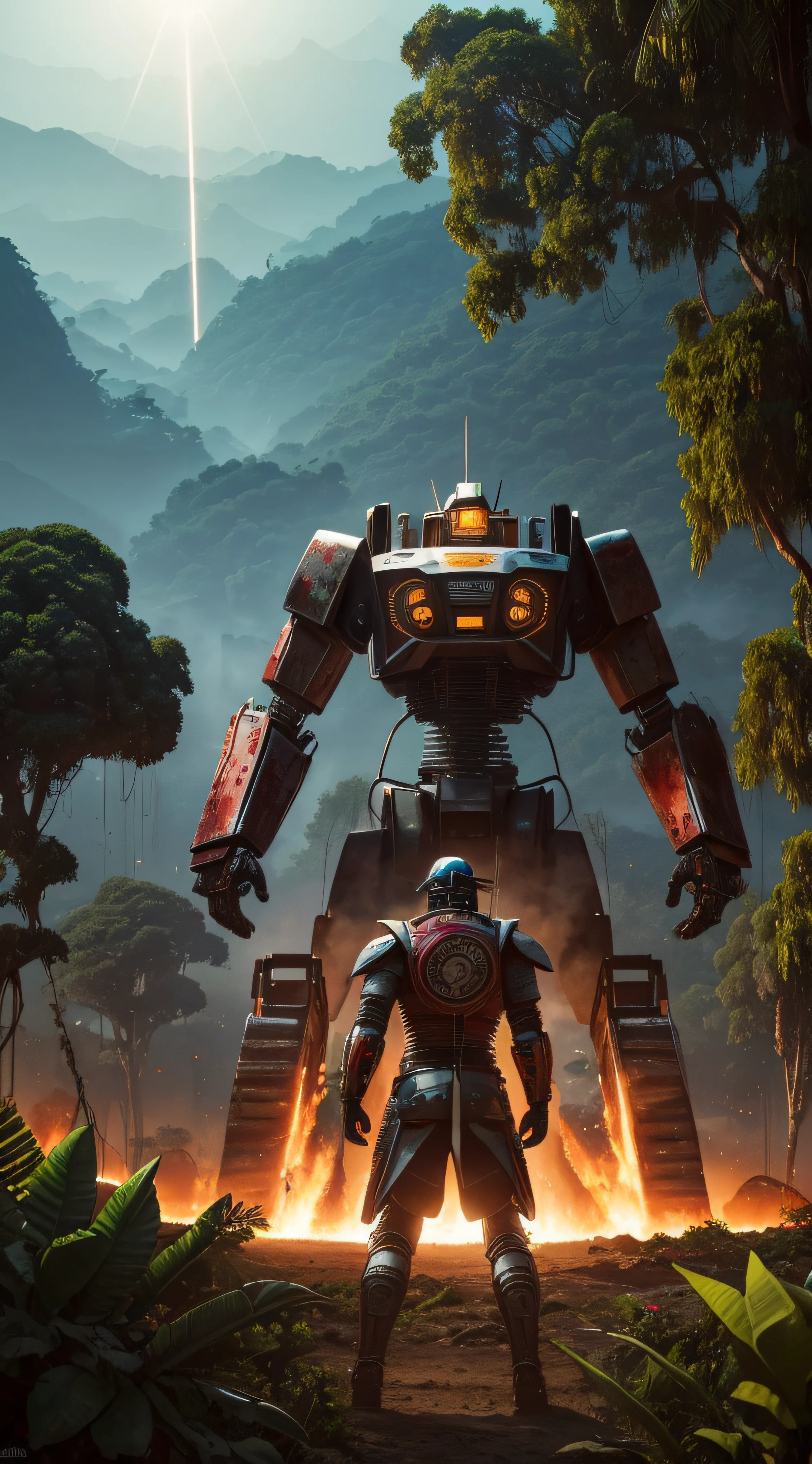 (extremadamente detallado, obra maestra, La mejor calidad, foto antigua, principios de siglo, VHS Aesthetics) Great retro robot with blood in robotic hands. cannons on his back. motosierras. In the middle of a strange jungle. Vegetables from another dimension. Epic flowers far away, organic trees with meat. Light Volumetric