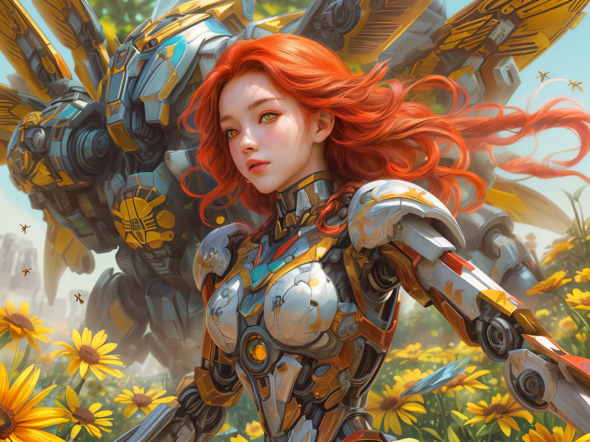 a picture of a mecha woman (riding a bee: 1.2)  resting in a colorful flower meadow, full body, an exquisite beautiful (ultra detailed, Masterpiece, best quality: 1.4) female mecha woman, dynamic angle (best detailed, Masterpiece, best quality), best detailed face (best detailed, Masterpiece, best quality: 1.5), ultra feminine (best detailed, Masterpiece, best quality), red hair, long hair, braided hair, dynamic eyes color, (wearing mecha armor: 1.4), resting in (multi colored flower meadow: 1.2), day light, sun rising,  high details, fantasy art, RPG art best quality, 16k, [ultra detailed], masterpiece, best quality, (ultra detailed), full body, ultra wide shot, photorealistic, mecha musume