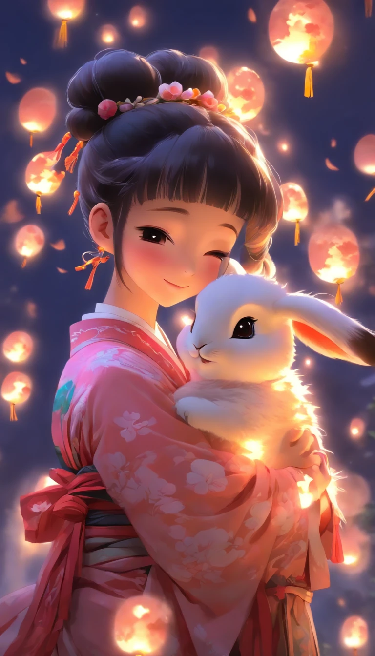 1girll, Moon, hair adornments, full moon, Cloud, sky,Night, Chinese clothes, Solo, Smile, Wide sleeves, Night sky, Long sleeves, flower, hug, hair flower, petals, child, Blush, parted lip, Black hair, Rabbit, Cloudy sky, forehead mark, Black eyes, face markings, updo, Artist name, Animal hugs, Hanfu, hair-bun, Girl child, Holding, Outdoors, Short hair, sleeves past wrists