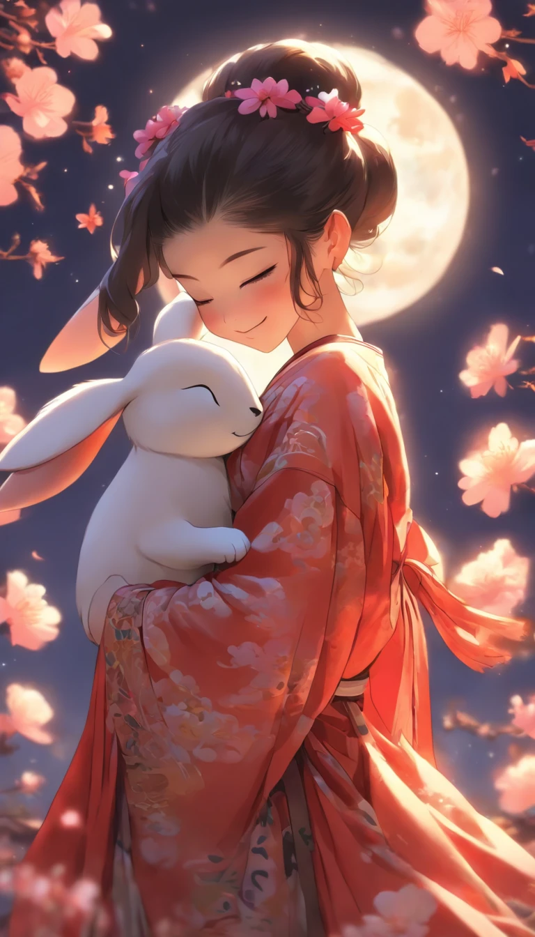 1girll, Moon, hair adornments, full moon, Cloud, sky,Night, Chinese clothes, Solo, Smile, Wide sleeves, Night sky, Long sleeves, flower, hug, hair flower, petals, child, Blush, parted lip, Black hair, Rabbit, Cloudy sky, forehead mark, Black eyes, face markings, updo, Artist name, Animal hugs, Hanfu, hair-bun, Girl child, Holding, Outdoors, Short hair, sleeves past wrists