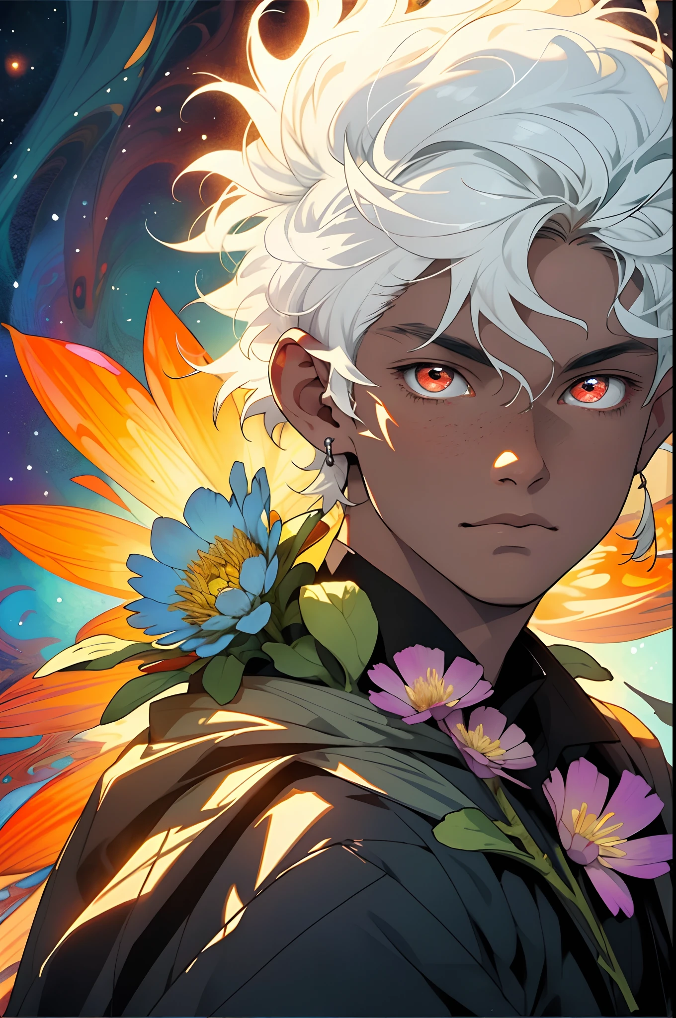 Realistic, (Masterpiece, Top Quality, Best Quality, Official Art, Beauty and Aesthetics: 1.2), Very Detailed, Fractal Art, Colorful, Most Detailed, Zentangle, (Abstract Background: 1.5) (1boy: 1.3), God, White Hair, Short Hair, (Glowing Red Eyes), Mysterious, (Magic), Ice, Handsome Man, ((Other Shore Flower, Garlic)), Yellow Spring, Hell