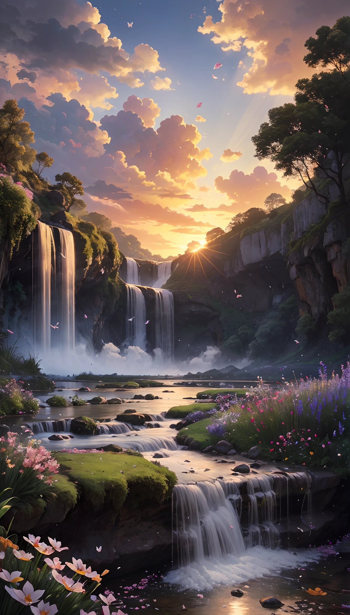 Huge valley，waterfallr，rios， [(White background:1.5)::5], Medium Shot Shot, butterflys,Petals floating in water,steins,Cloud,setting sun,Dusk