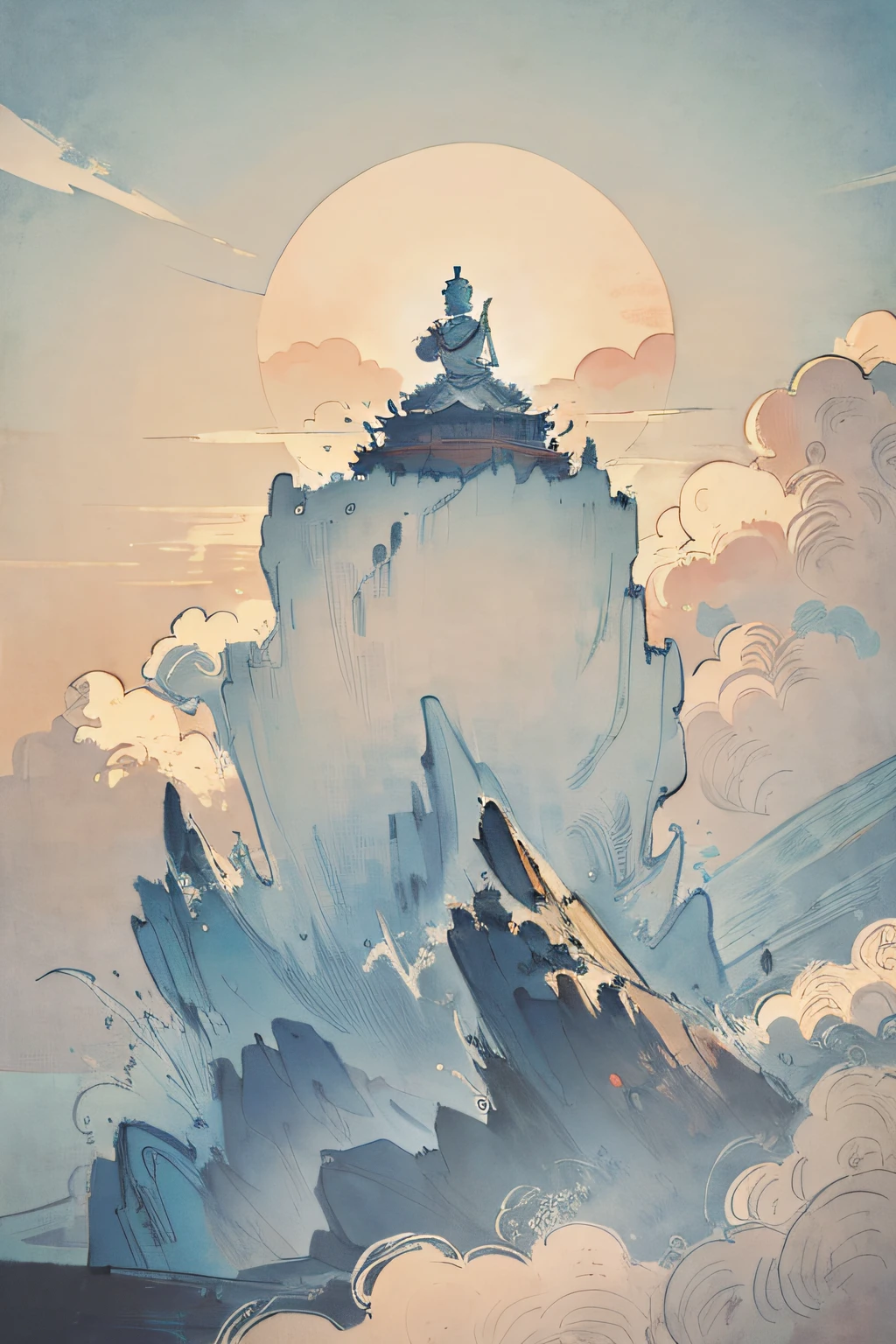 (tmasterpiece，best qualtiy：1.2），Tradition Chinese Ink Painting，High hills，Sea of Clouds，Mount Emei，Huge Buddha statue，