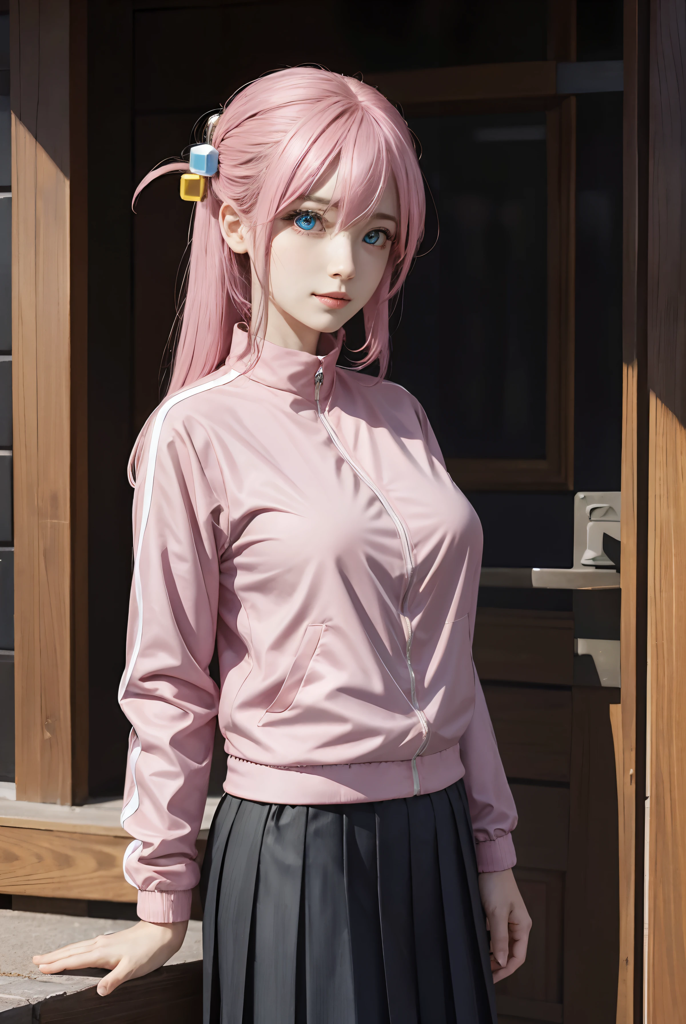 hitorigotou, hitori gotou, blue eyes, cube hair ornament, hair between eyes, hair ornament, pink hair, one side up, long hair,
BREAK black skirt, jacket, long sleeves, pants, pants under skirt, (pink jacket:1.5), pink pants, pleated skirt, skirt, track jacket, track pants, track suit,
BREAK looking at viewer,
BREAK indoors, park,
BREAK (masterpiece:1.2), best quality, high resolution, unity 8k wallpaper, (illustration:0.8), (beautiful detailed eyes:1.6), extremely detailed face, perfect lighting, extremely detailed CG, (perfect hands, perfect anatomy), (big boobs:1.1), standing, close up, smile, facing the audience