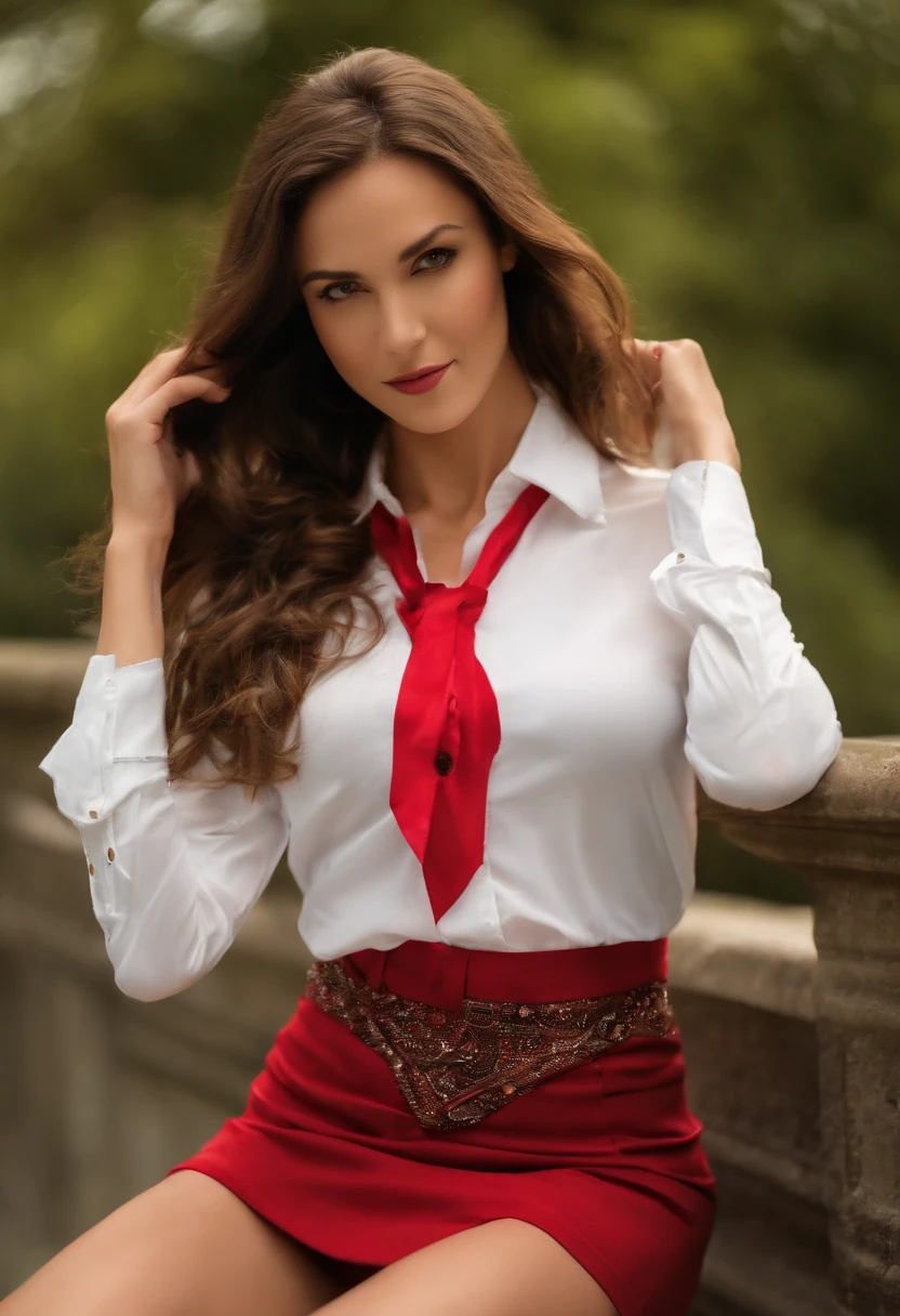 (1girl, ultra realistic, beautiful face, detailed face, raw, best quality, ultra high res, masterpiece, photo realistic:1.4), CG, red bras, purple sexy panties, lace trim, sexy pose, crew socks, (stride), (faded long wavy scarlet hair:1.3), (round breast, small perfect breasts:1.2), looking at viewer, Looking from above, tilting the head upwards, wide-angle, (gold necklace, earrings, bracelet, armlet:1.2), japanese background, (red eyes, glowing eyes:1.2), detailed photograph, Side lighting, dslr, telephoto lens, cinematic lighting, Phase One XF IQ4 150MP, Zoom lens, Neon Light, Canon eos 5d mark 4, 35mm, Disgusting, Lens Flare, Canon RF, L USM, Direct light, Kodak portra 400, F/2. 8, broad lighting, Fujifilm XT3, F/14, dynamic pose, dynamic angles, ( thigh-high stockings, seductive face, wearing glasses, tongue sticking out, eyes wide, plunging neckline, cleavage:1.2), (red pencil skirt, white women's buttoned shirt, open buttoned shirt, arms raised, catwalk, showing one's undergarments, hip sway, skirt up, full body shot, office lady:1.6), perfect slim body, (Showing bras beneath a women's buttoned shirt, perfectly beautiful legs, two hands behind the head:1.8)