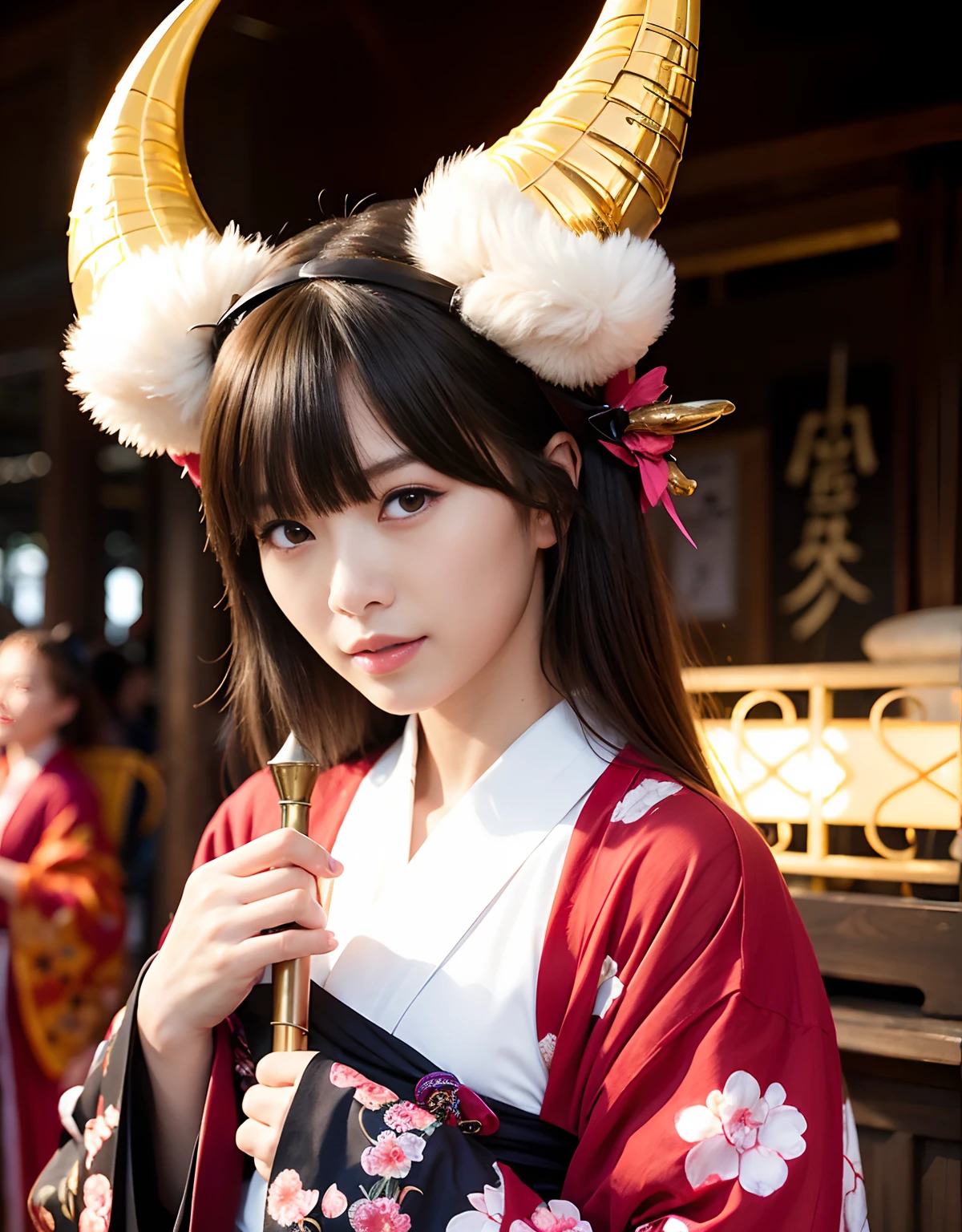((White ghost flies)),Professional , masterpiece、top-quality、photos realistic , depth of fields 、(Various poses)、(Background of cherry blossoms in full bloom),(Ultimate Beauty)、(A dark-haired)、shrine background、Precipitous cliffs、(Fight ninjas)、(Kimono with scary pattern)、(Night background)、((Devil's Wings Grow)),(Wear a kimono with a horror pattern),(Wearing a beautiful kimono with colorful scary patterns)、Jewel Gold Weapon、Particles of light),(Has a devil's mask)、Gorgeous gold weapons ,Skeleton population、(( Gorgeous Dragon Sword)) , (a dark night),,(White ghost flies) 、((Black Haired Beautiful Girl))、(Castle background)、(demonic wings)、((Gangle's forest background))、Beautiful Caucasian beauty、1a person、dynamic ungle,(((Two devil's horns on the head)))、Smaller head、Idle Smile、Thin and beautiful female hands、Mystical expression、Light Effects、intense fighting、Wind-effect、magic circles、With the legendary magic wand、Dragon's tail、