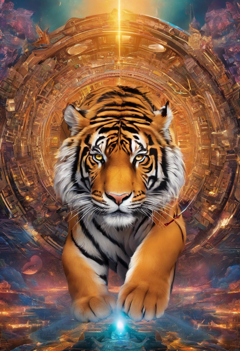 (best quality,4k,highres,masterpiece:1.2),ultra-detailed,(realistic,photorealistic,photo-realistic:1.37),HDR,UHD,studio lighting,ultra-fine painting,sharp focus,physically-based rendering,extreme detail description,professional,vivid colors,bokeh,cinematic,embroidered,evil tiger,fictional animal,equirectangular 360,king of the Planet earth,art by Michael Hutter,35mm photography,film,professional,highly detailed