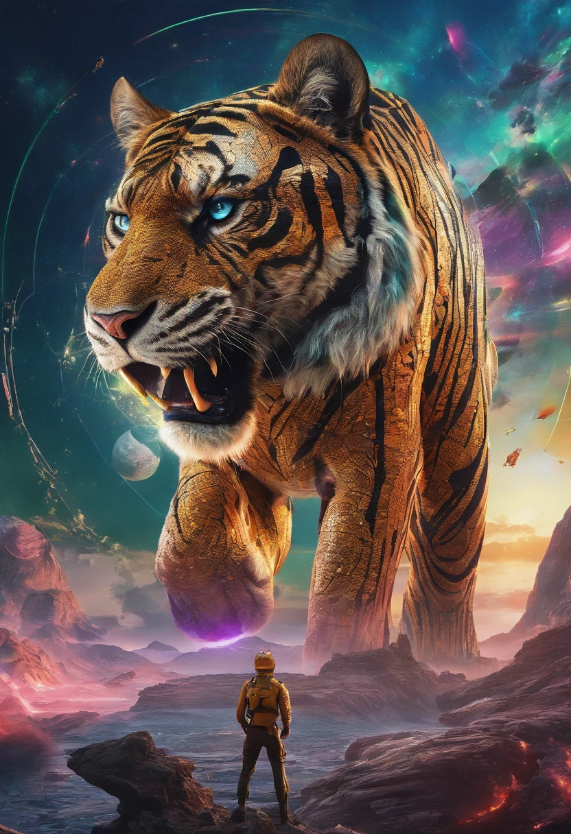 (best quality,4k,highres,masterpiece:1.2),ultra-detailed,(realistic,photorealistic,photo-realistic:1.37),HDR,UHD,studio lighting,ultra-fine painting,sharp focus,physically-based rendering,extreme detail description,professional,vivid colors,bokeh,cinematic,embroidered,evil tiger,fictional animal,equirectangular 360,king of the Planet earth,art by Michael Hutter,35mm photography,film,professional,highly detailed