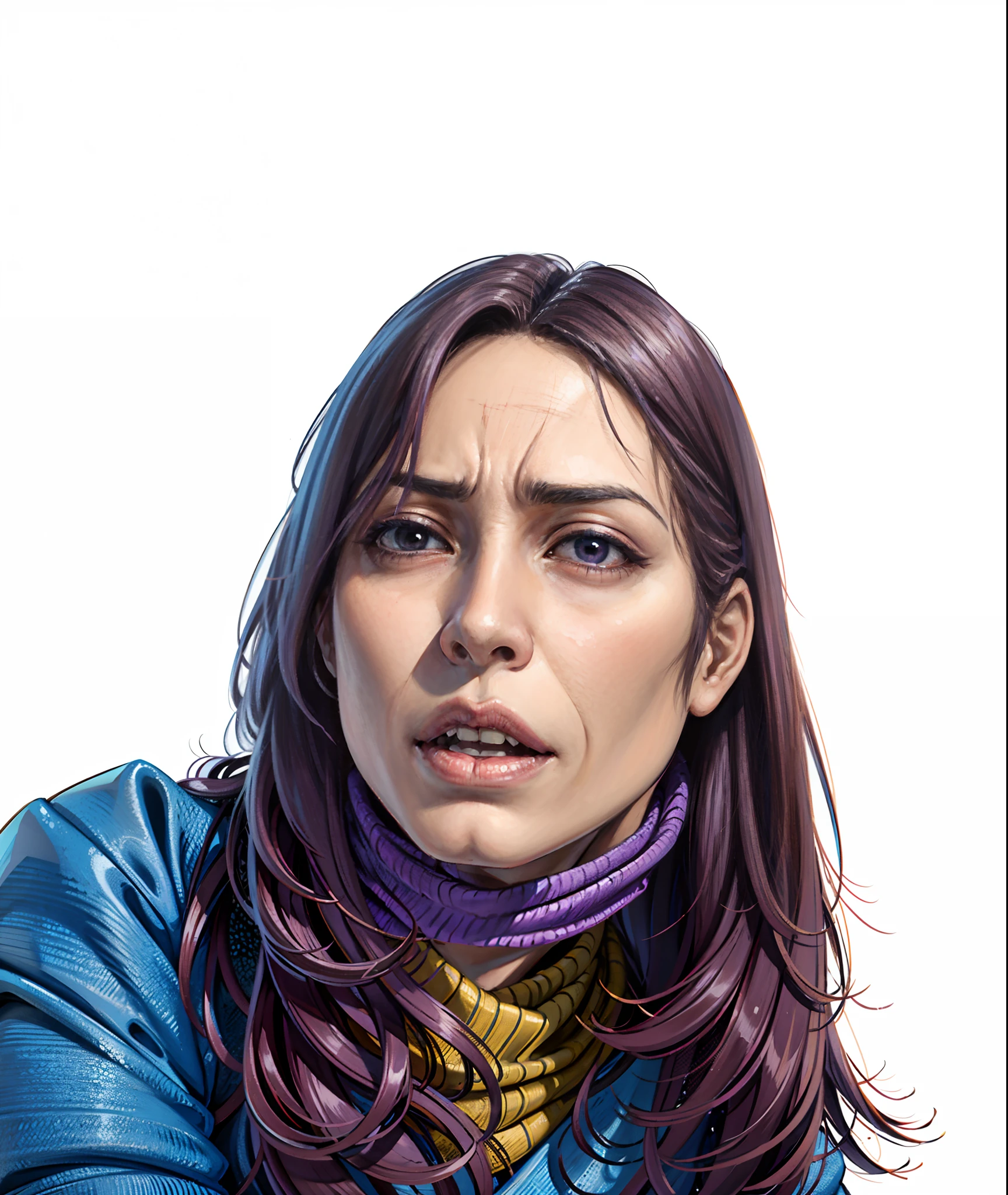 Woman wearing a purple scarf and blue shirt, hito steyerl, mai anh tran, fujita goro, delight, inspired by Ruth Jên, An Asian woman, with serious face expression, long chin, keng lye, Shouko Nishimiya, yee chong, mountain water, Asian face, aesthetic shot