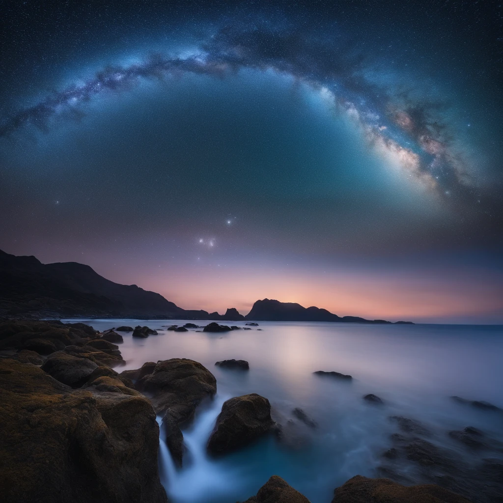 Master Parts、Superior Quality、superior image quality、The 8k quality、Beautiful pictures of the starry sky、magnifica、Arched Milky Way:1.9、Blue glowing sea、mermaids