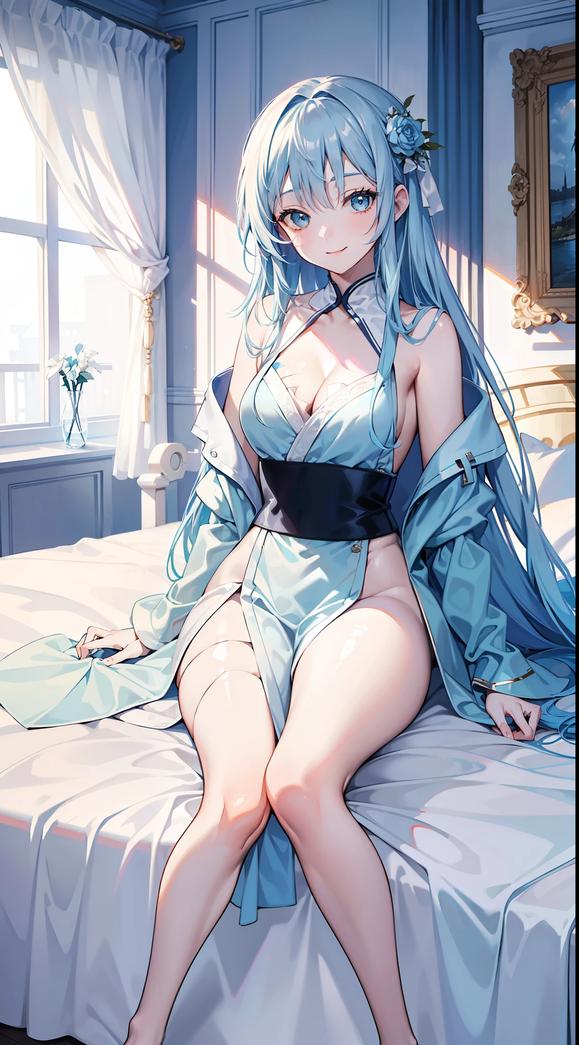 Adult woman, Long light blue hair, blue eyes, Scars, Blue tight robe, Platinum Items, liying on bed, Smile, Masterpiece, hiquality, high detail, HD, 4k