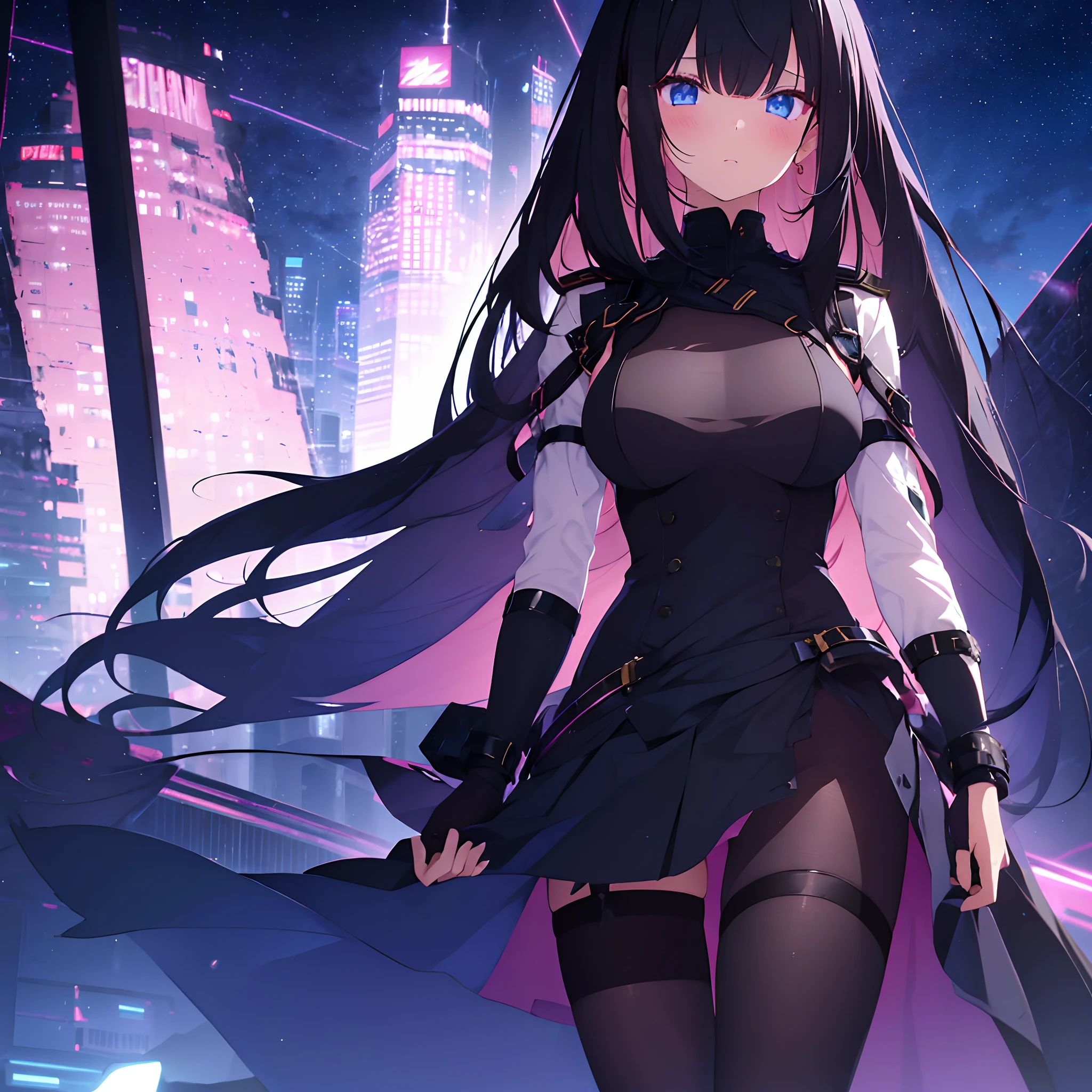 (1 girl), (black hair, pink fringes, long straight hair), ultra detailed blue starry eyes, blush, torn military bodysuit, long skirt, (exposed legs), black glossy pantyhose, medium breasts, close-up