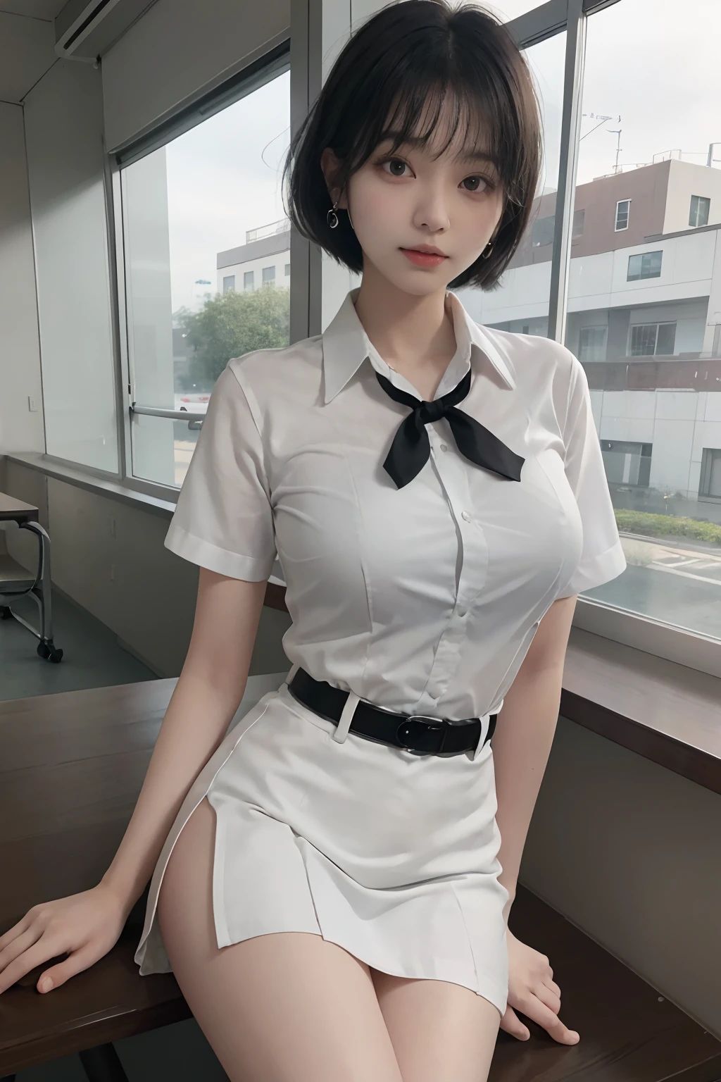 Korean school uniform，Summer uniform shirt，Ribbon Ties，White miniskirt，School Classroom，school stairs，Chest thrust pose，（the breasts are large），8K raw photos，A high resolution，cool Korean at 16 years old，very large round breasts，beautiful eyes in detail，long eyelasher，beautiful double eyelid，eye shadows，eyes liner，Cut Eyes，Elongated eye shape，Sanpaku eyes，evilsmile，Evil expression， Beautiful very thin legs，Beautiful very thin thighs，Random short hair，Hair tied behind the head，large circle earrings，（Short messy hair），With gray eyes（with black curled hair）（Close-up），（Wrapped feeling）