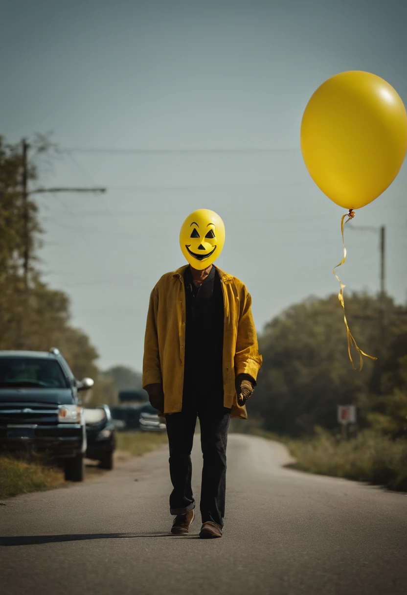 a creepy man standing on the otherside of the road in a yellow mask with a huge smile, holding a yellow balloon, scary, eerie