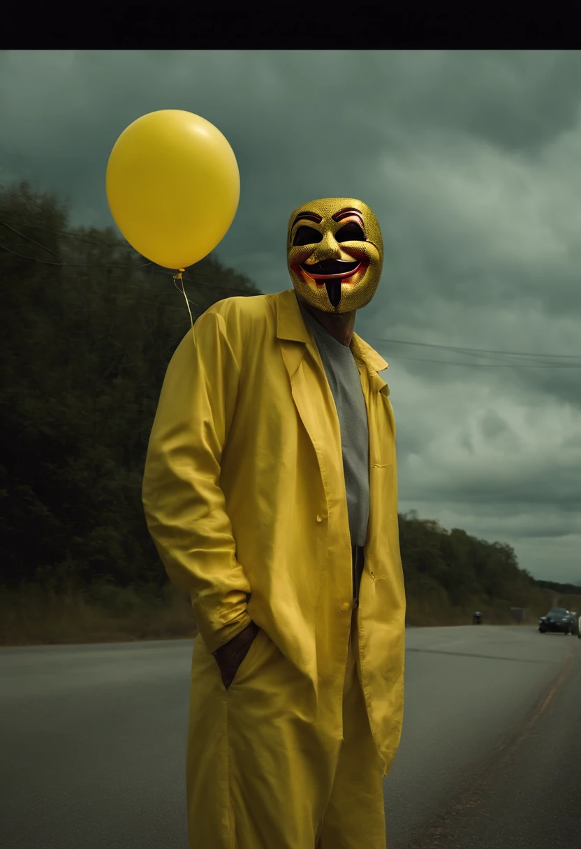 a creepy man standing on the otherside of the road in a yellow mask with a huge smile, holding a yellow balloon, scary, eerie
