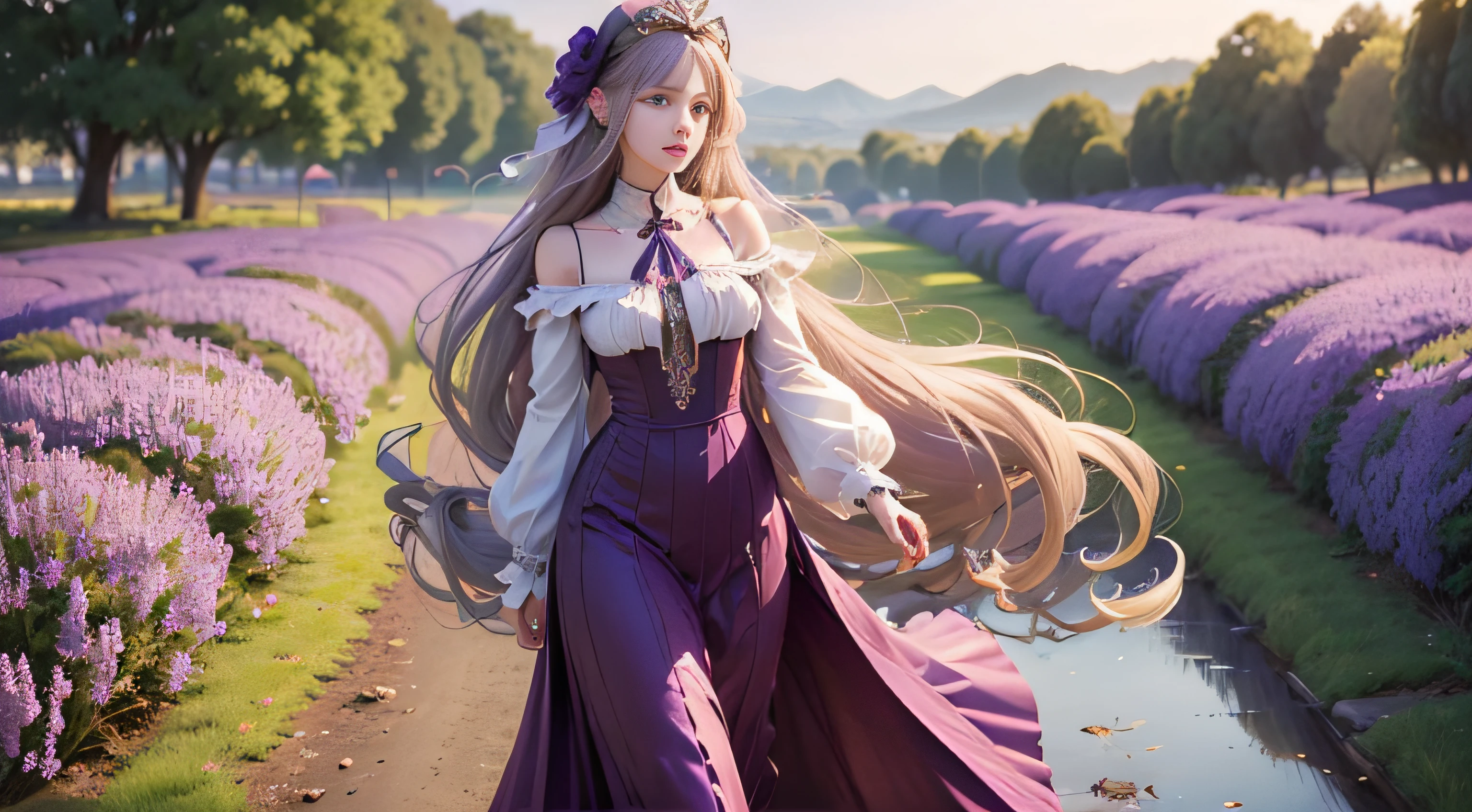 '((((Aria Alta))))' is a young woman with long, flowing hair, and she's often seen wearing elegant and slightly vintage casual clothing. She has a warm and determined expression, reflecting her passion for music, full body, standing at a violet field,looking at camera,beautiful anime girl