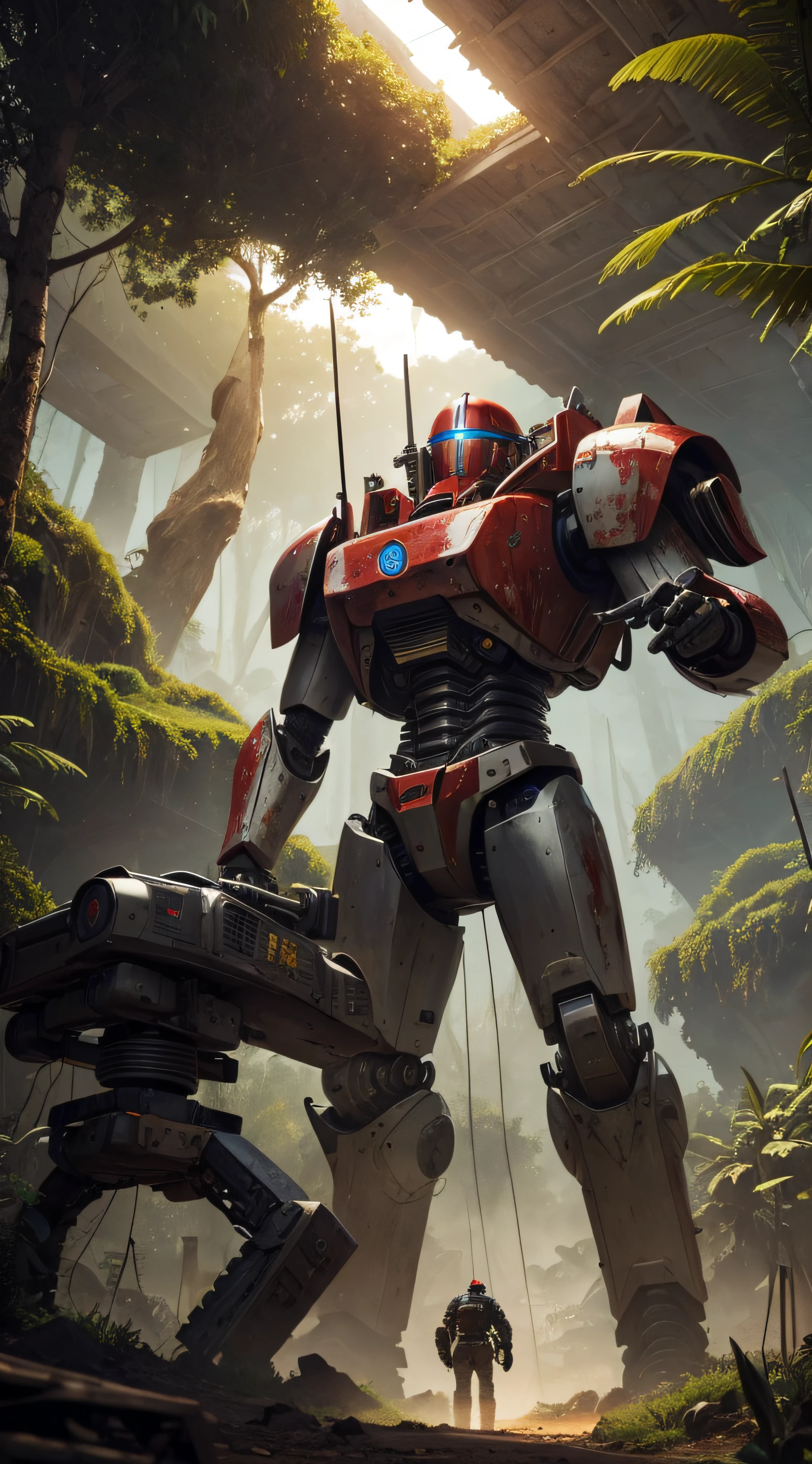 (extremadamente detallado, obra maestra, La mejor calidad, foto antigua, principios de siglo, VHS Aesthetics) Great retro robot with blood in robotic hands. big weapons, cannons on his back. motosierras. In the middle of a strange jungle. Vegetables from another dimension. Epic flowers far away, organic trees with meat. Light Volumetric