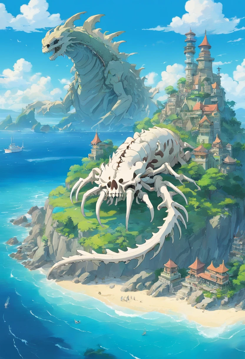 The skeleton of a huge sea beast lies across the island,Sea Islands,Island group,Water element in water,Huge animal bones,A majestic,spectacular,A wyvern swoops down,Ultra-long viewing angle,in a panoramic view,HighestQuali,Island background,Core Behemoth Island,Overlooking the perspective