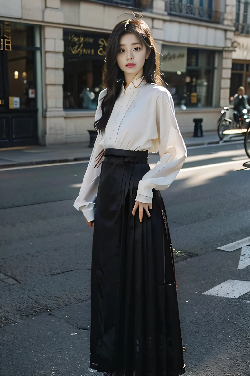 best qualtiy，tmasterpiece，超高分辨率，（realisticlying：1.4），RAW photogr，（True skin texture：1.3），(a black skirt)（filmgrain：1.3），in a panoramic view，Very wide lens，a narrow waist，cowboy lens，(French streets:1.5)， Dust，standing on your feet， Tyndall effect，（low head），1girll，Beautiful details for eyes and face，Brown eyes，(Exquisite facial features)