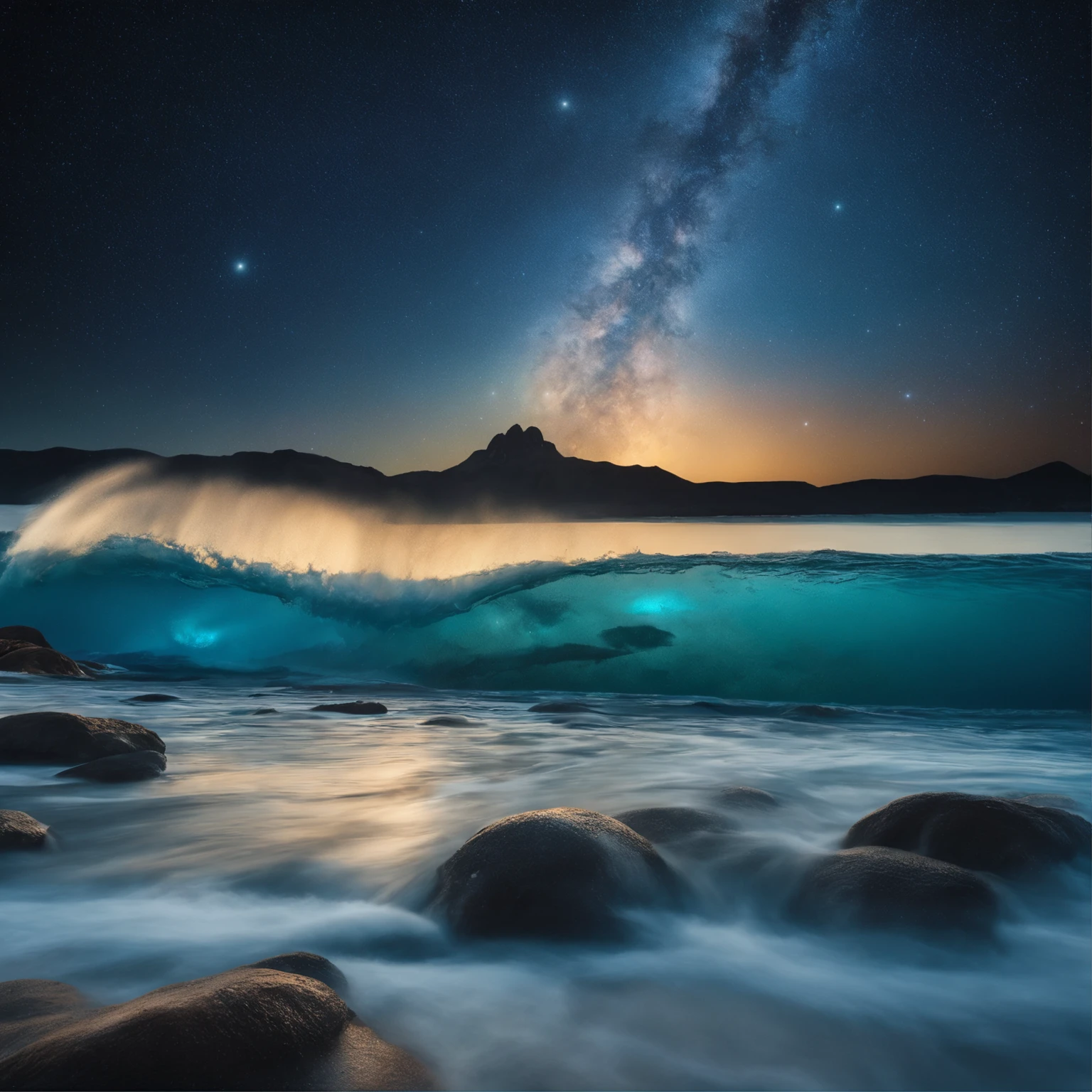 Master Parts、Superior Quality、superior image quality、The 8k quality、Beautiful pictures of the starry sky、magnifica、Arched Milky Way:1.9、Blue glowing sea、mermaids