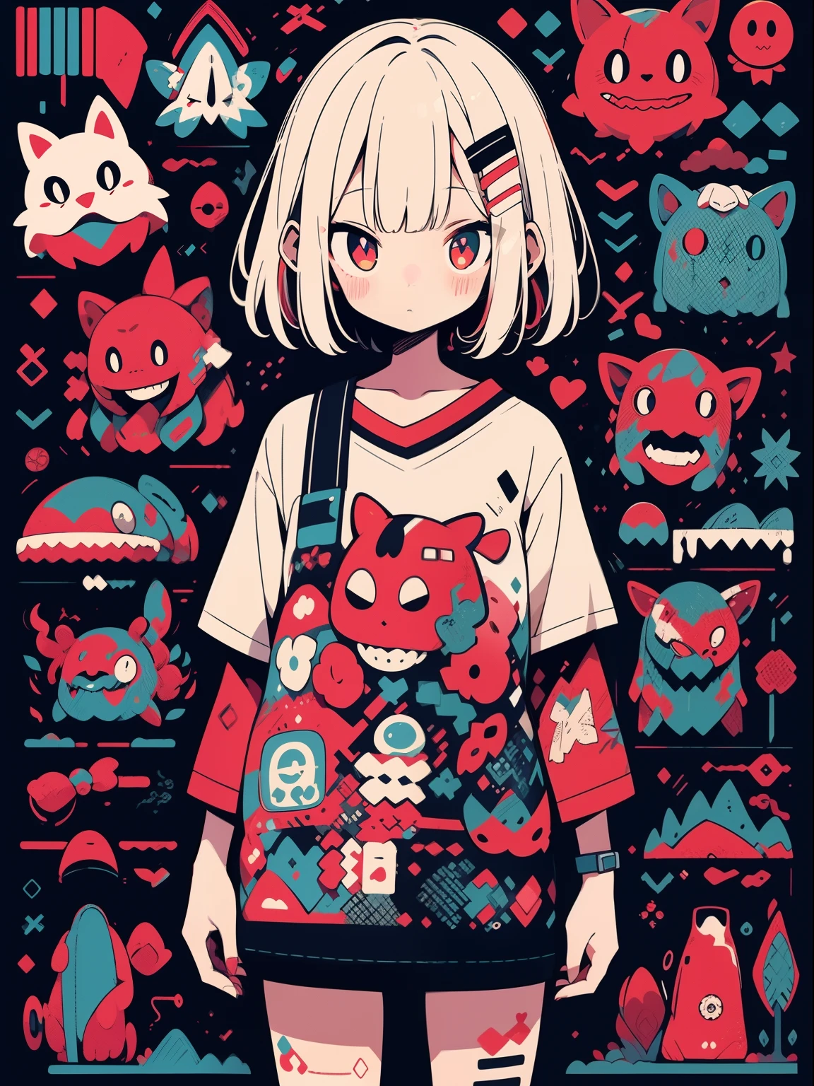 alta qualidade、Neon color palette、High-level image quality、kawaii menina、Unprecedented number of draws、estilo anime、Geometric pattern background、estilo de adesivo、short hair、Cabelos escuros、olhos castanhos, messy hair, Menhera, Ataduras, roupas largas, camiseta baggy, self-harm, Guro, Escuro, deprimido, bolsas oculares, olhos pesados, Olhos escuros, sangue, assustador, EroGuro, Olheiras, neon light, eye strain, Falha, retro, assustador, Demon, globo ocular, ghost, horror, ensanguentado, sangue colorido, Falha
