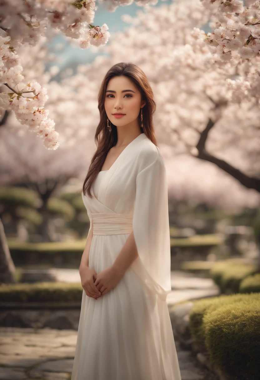 ((Best quality)), ((masterpiece)), ((realistic)), Girl with flawless beauty standing in a serene Japanese garden with cherry blossoms on eye level, scenic, masterpiece, (highres), original, extremely detailed 8K , (photorealistic:1.4),flawless face, perfect eyes,symmetrica body shape,smile,