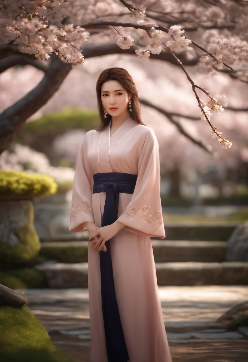 ((Best quality)), ((masterpiece)), ((realistic)), Girl with flawless beauty standing in a serene Japanese garden with cherry blossoms on eye level, scenic, masterpiece, (highres), original, extremely detailed 8K , (photorealistic:1.4),flawless face, perfect eyes,symmetrica body shape,smile,