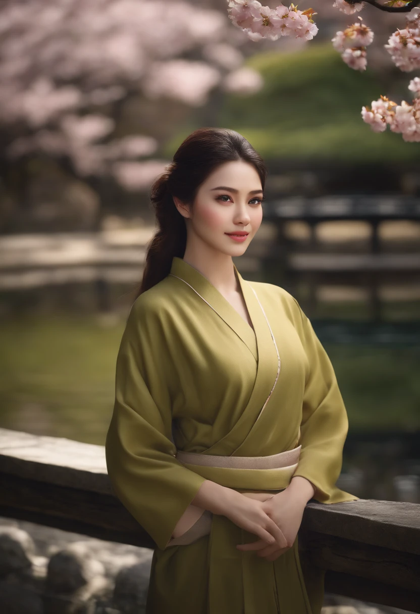 ((Best quality)), ((masterpiece)), ((realistic)), Girl with flawless beauty standing in a serene Japanese garden with cherry blossoms on eye level, scenic, masterpiece, (highres), original, extremely detailed 8K , (photorealistic:1.4),flawless face, perfect eyes,symmetrica body shape,smile,