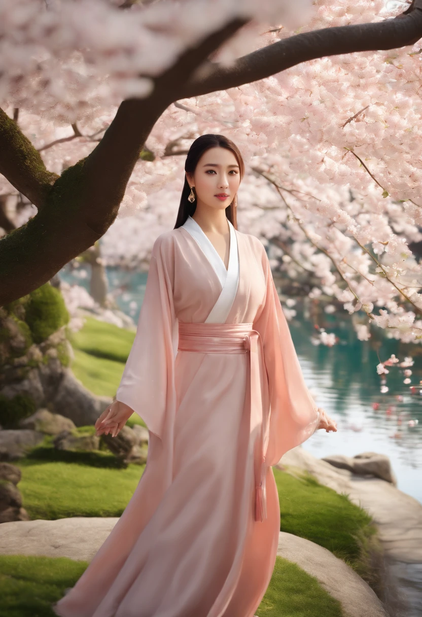 ((Best quality)), ((masterpiece)), ((realistic)), Girl with flawless beauty standing in a serene Japanese garden with cherry blossoms on eye level, scenic, masterpiece, (highres), original, extremely detailed 8K , (photorealistic:1.4),flawless face, perfect eyes,symmetrica body shape,smile,