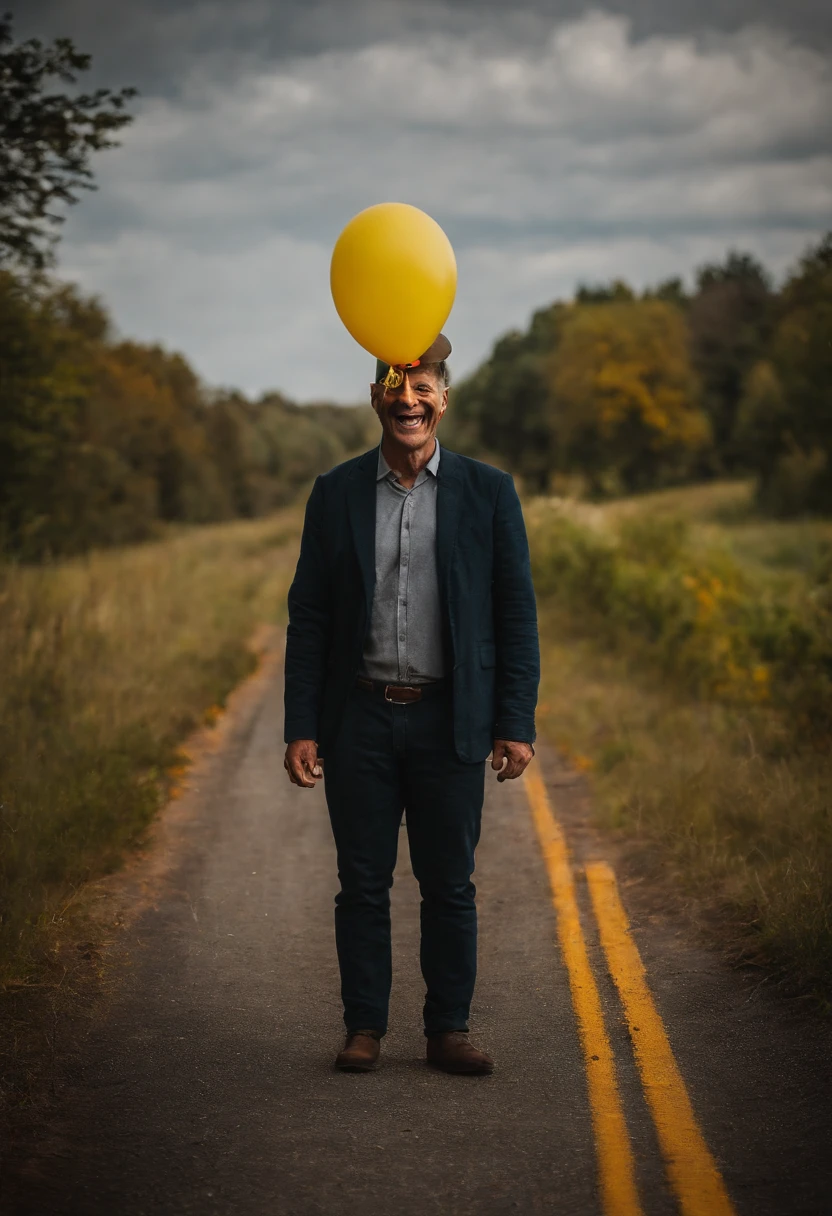 a creepy man standing on the otherside of the road in a yellow mask with a huge smile, holding a yellow balloon, scary, eerie