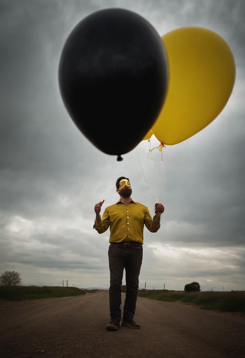 a creepy man standing on the otherside of the road in a yellow mask with a huge smile, holding a yellow balloon, scary, eerie
