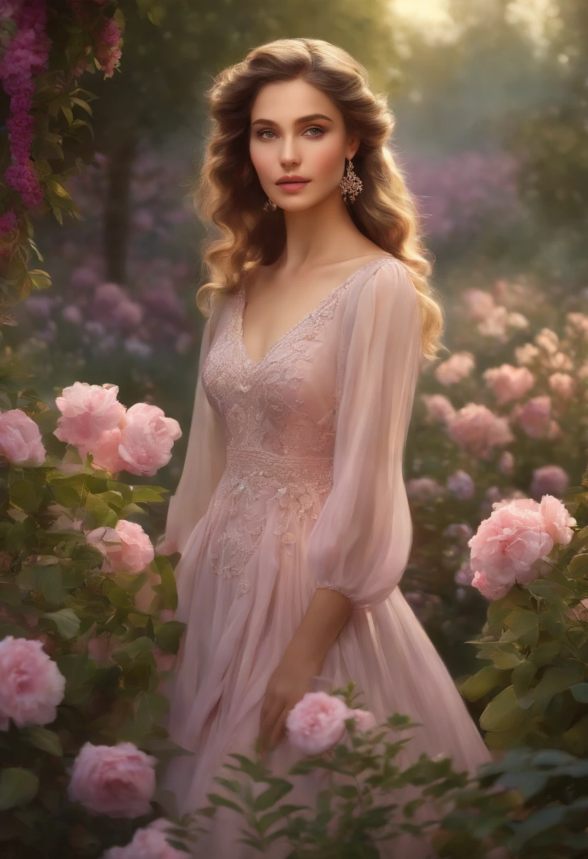 A girl in a garden,illustration,oil painting,high-res,ultra-detailed,realistic,vivid colors,soft lighting,flowers,green foliage,serene atmosphere,gentle breeze,peaceful setting,lush grass,beautiful detailed eyes,beautiful detailed lips,long eyelashes,feminine appearance,flowing dress,relaxed pose,harmonious color palette,subtle shades of pink and purple