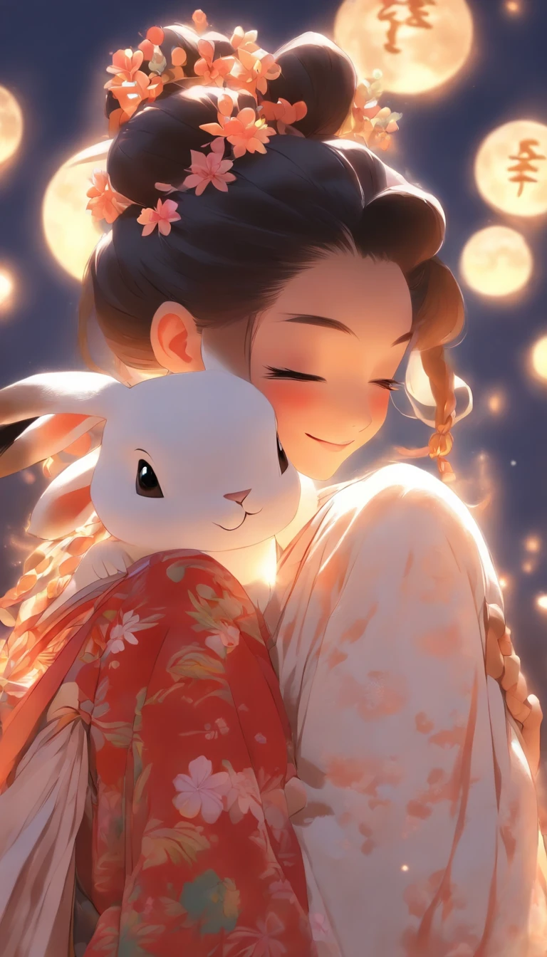 1girll, Moon, hair adornments, full moon, Cloud, sky,Night, Chinese clothes, Solo, Smile, Wide sleeves, Night sky, Long sleeves, flower, hug, hair flower, petals, child, Blush, parted lip, Black hair, Rabbit, Cloudy sky, forehead mark, Black eyes, face markings, updo, Artist name, Animal hugs, Hanfu, hair-bun, Girl child, Holding, Outdoors, Short hair, sleeves past wrists