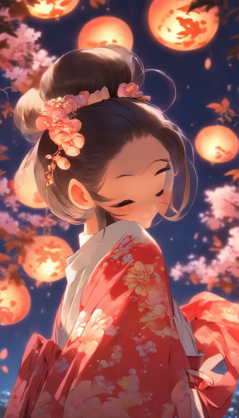 1girll, Moon, hair adornments, full moon, Cloud, sky,Night, Chinese clothes, Solo, Smile, Wide sleeves, Night sky, Long sleeves, flower, hug, hair flower, petals, child, Blush, parted lip, Black hair, Rabbit, Cloudy sky, forehead mark, Black eyes, face markings, updo, Artist name, Animal hugs, Hanfu, hair-bun, , Holding, Outdoors, Short hair, sleeves past wrists