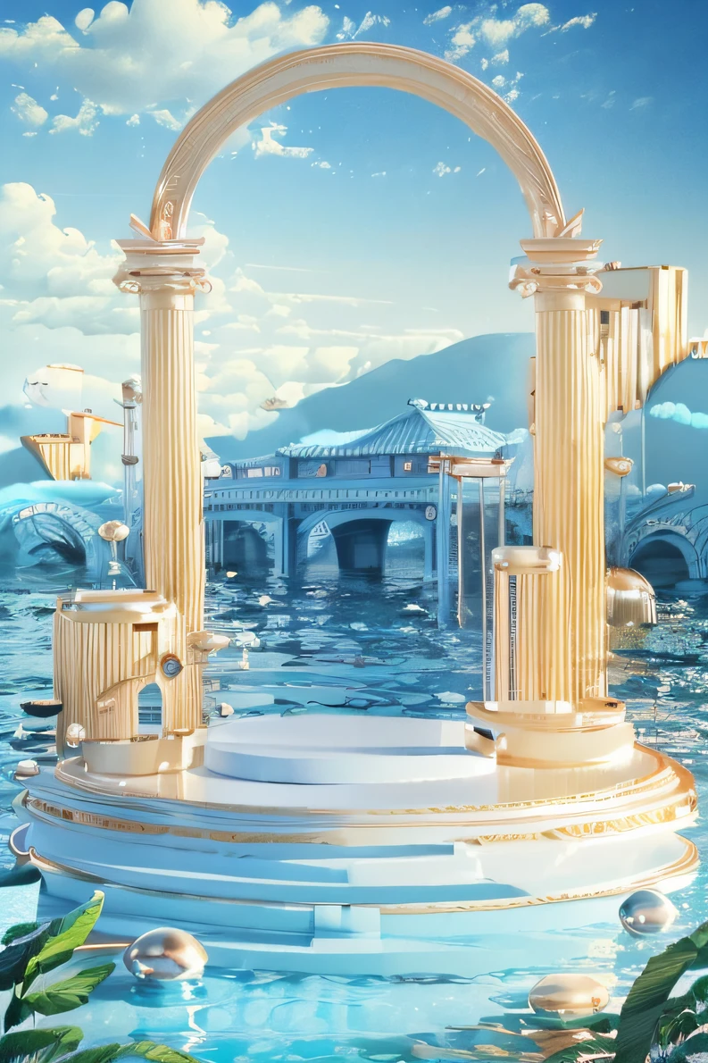 (masterpiece, top quality, best quality, official art, beautiful and aesthetic:1.2),(8k, best quality, masterpiece:1.2),, no humans, pillar, scenery, fog, sky, cloud, column, outdoors, flower, yellow sky, landscape, arch, C4D, Pattern stone carving, stage, 3d render