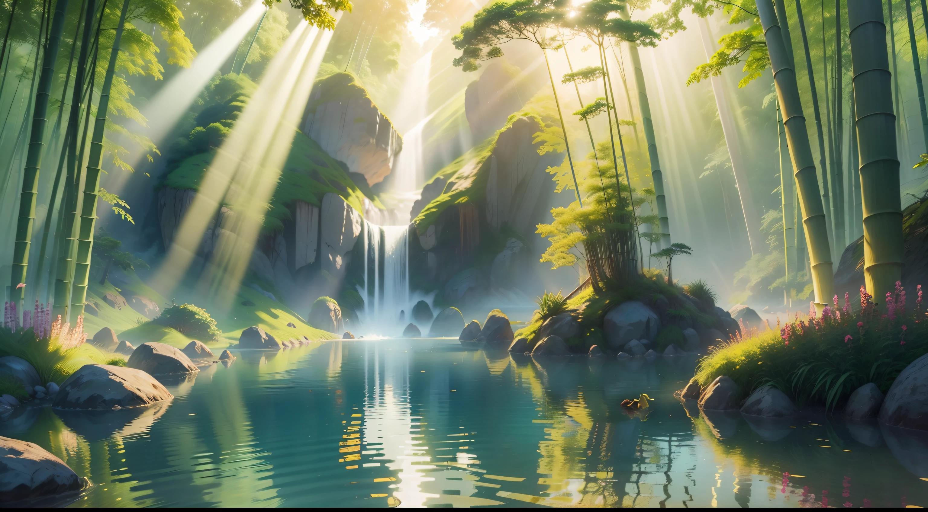 A beautiful morning with rising sun amazing sun rays lots of light perfect brightness forest tall bamboo trees a lake beautiful flowers 4k 8k carved gems a very beautiful paradise very beautiful realistic realistic South realistic incredibly wonderful environment conveys peace and gratitude joy ducklings on the lake