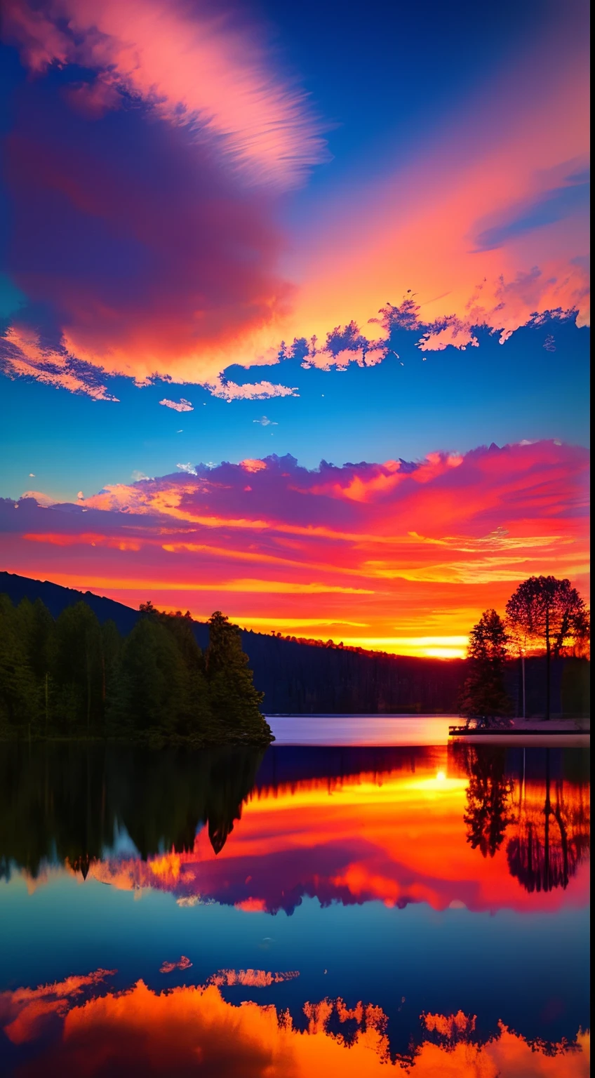 there is a beautiful sunset with a lake and trees in the background, colorful skies, surreal colors, colorful sunset, colorful sky, marvellous reflection of the sky, stunning sky, dream like atmosphere 8k, colorful clouds, colors reflecting on lake, surreal sky, red and blue reflections, fire reflection, beautiful sky, beautiful and spectacular dusk, beautiful dreamy landscape, amazing sky