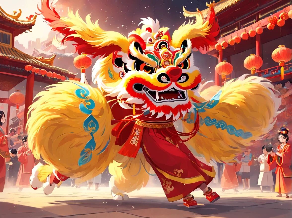 (Chinese lion dance:1.4),It is held on the stage of the temple fair,The two girls wore gorgeous lion dance costumes,It is decorated with gold and red sequins and embroidery,Holding an elaborate lion head,A traditional lion dance is displayed with great skill and coordination,Swing the lion's body like a wave,At the same time, it can also perfectly display the strength and majesty of the lion,Traditional Chinese art, China-style,Clean colors, decisive cutting, White space, freehand brushwork, Soft lighting,dreamy glow, ( Bokeh),Masterpiece, Super detailed, Epic composition, Highest quality, 4K