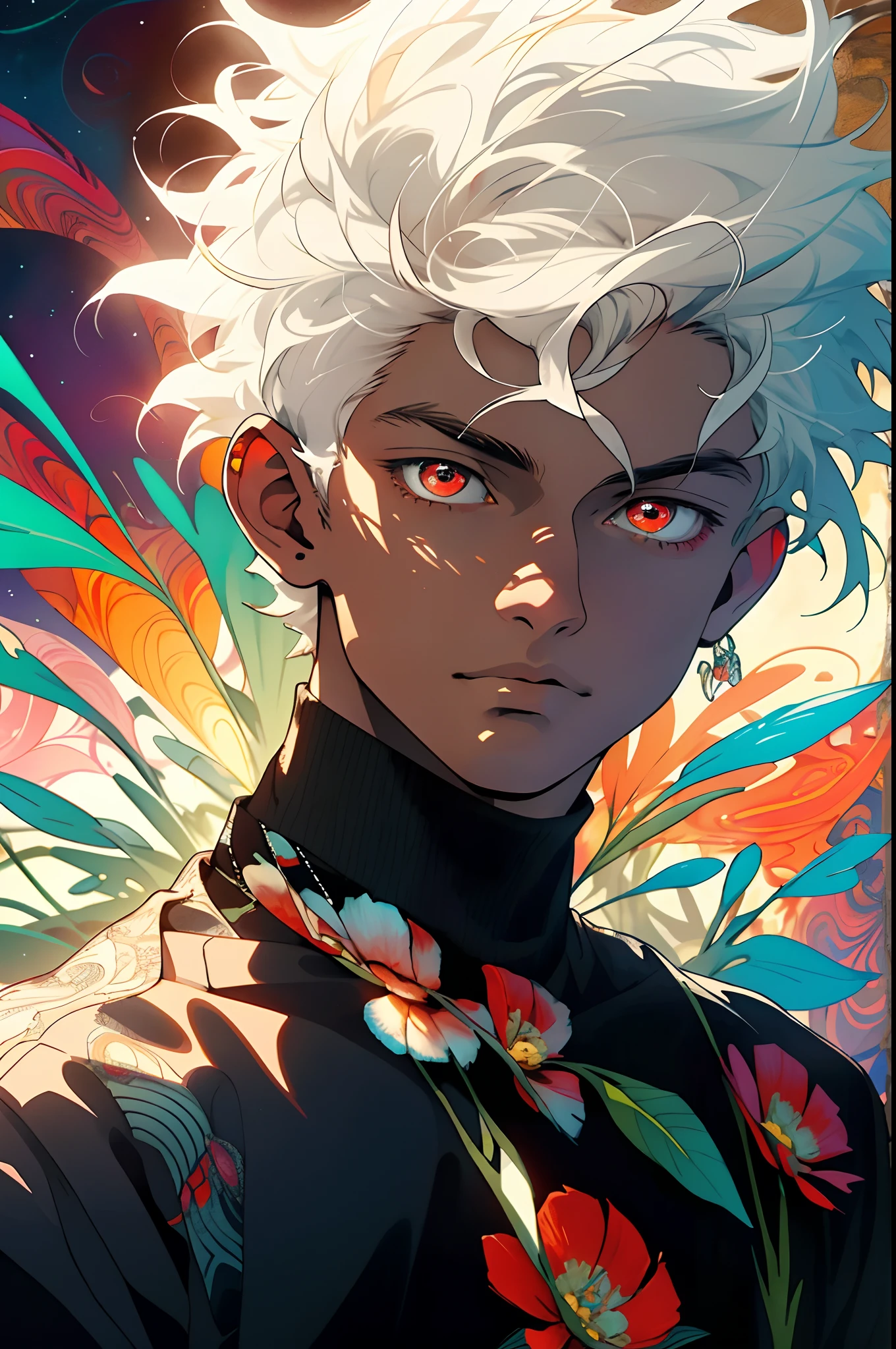 Realistic, (Masterpiece, Top Quality, Best Quality, Official Art, Beauty and Aesthetics: 1.2), Very Detailed, Fractal Art, Colorful, Most Detailed, Zentangle, (Abstract Background: 1.5) (1boy: 1.3), God, White Hair, Short Hair, (Glowing Red Eyes), Mysterious, (Magic), Ice, Handsome Man, ((Other Shore Flower, Garlic)), Yellow Spring, Hell