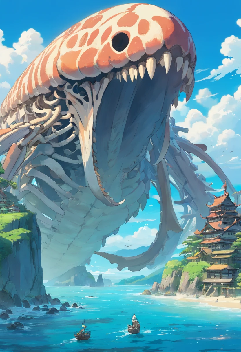 The skeleton of a huge sea beast lies across the island，Sea Islands，Island group，Water element in water，Huge animal bones，A majestic，spectacular，A wyvern swoops down，Ultra-long viewing angle，in a panoramic view，HighestQuali，Island background，Core Behemoth Island，Overlooking the perspective